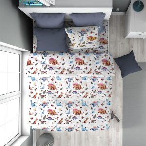 Παπλωματοθήκη Εμπριμέ kids Dinosaur 519 160X240 White-Blue 100% Cotton