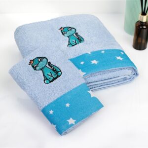 Πετσέτα Με Κέντημα Σετ 2 τεμ bebe Dinosaur 179 30X50,70X140 Sky Blue 100% Cotton