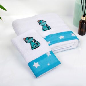 Πετσέτα Με Κέντημα Σετ 2 τεμ bebe Dinosaur 180 30X50,70X140 White-Sky Blue 100% Cotton