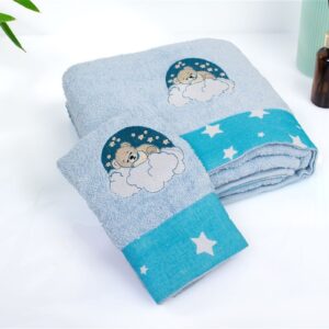 Πετσέτα Με Κέντημα Σετ 2 τεμ bebe Cloudy Bear 175 30X50,70X140 Sky Blue 100% Cotton