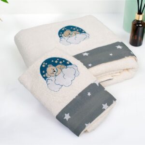 Πετσέτα Με Κέντημα Σετ 2 τεμ bebe Cloudy Bear 177 30X50,70X140 Ecru-Grey 100% Cotton