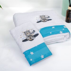 Πετσέτα Με Κέντημα Σετ 2 τεμ bebe Aviator 184 30X50,70X140 White-Sky Blue 100% Cotton