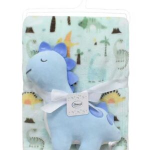 Λούτρινο Ζωάκι Σετ 2 Τεμ. bebe Dinosaur 22 Ύψος 25 cm & Εμπριμέ Κουβέρτα Coral Fleece 75x100 cm Sky Blue 100% Polyester - Image 1